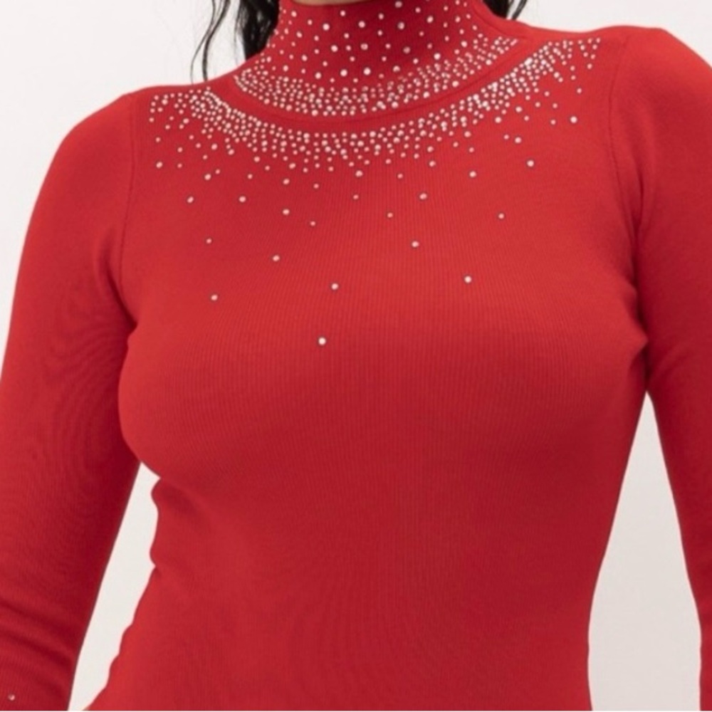 Vibrant Red Rhinestone Turtleneck Bodysuit